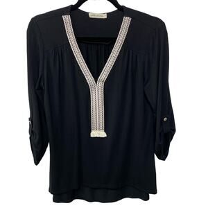 Pebble & Stone Roll Tab Sleeve Blouse V-Neck Hi-Low Hem Black Womens‎ Size Small